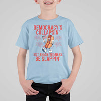 Funny Patriotic Hotdog Cartoon 4th of July Fireworks T Shirt For Kid Democracys Collapsin But These Wieners Be Slappin