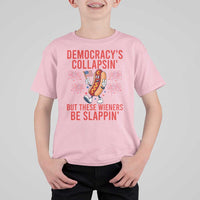 Funny Patriotic Hotdog Cartoon 4th of July Fireworks T Shirt For Kid Democracys Collapsin But These Wieners Be Slappin