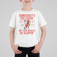 Funny Patriotic Hotdog Cartoon 4th of July Fireworks T Shirt For Kid Democracys Collapsin But These Wieners Be Slappin