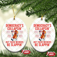 Funny Patriotic Hotdog Cartoon 4th of July Fireworks Ceramic Ornament Democracys Collapsin But These Wieners Be Slappin