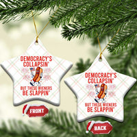 Funny Patriotic Hotdog Cartoon 4th of July Fireworks Ceramic Ornament Democracys Collapsin But These Wieners Be Slappin