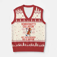 Funny Patriotic Hotdog Cartoon 4th of July Fireworks V-Neck Knit Sweater Vest Democracys Collapsin But These Wieners Be Slappin