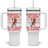 Funny Patriotic Hotdog Cartoon 4th of July Fireworks Tumbler With Handle Democracys Collapsin But These Wieners Be Slappin