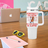 Funny Patriotic Hotdog Cartoon 4th of July Fireworks Tumbler With Handle Democracys Collapsin But These Wieners Be Slappin