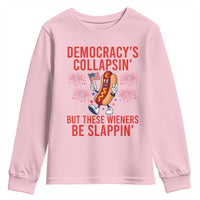 Funny Patriotic Hotdog Cartoon 4th of July Fireworks Youth Sweatshirt Democracys Collapsin But These Wieners Be Slappin