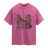 Fly Free Jackie Vintage Etching Soaring Eagle Washed Cotton T-Shirt Big Bear Lake Wilderness Graphic