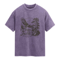 Fly Free Jackie Vintage Etching Soaring Eagle Washed Cotton T-Shirt Big Bear Lake Wilderness Graphic