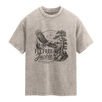 Fly Free Jackie Vintage Etching Soaring Eagle Washed Cotton T-Shirt Big Bear Lake Wilderness Graphic