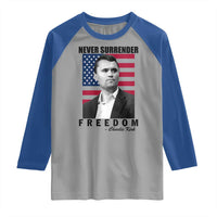 Never Surrender Freedom Raglan Shirt Patriotic Charlie Kirk Tribute American Flag - Wonder Print Shop