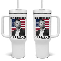 Never Surrender Freedom Tumbler With Handle Patriotic Charlie Kirk Tribute American Flag - Wonder Print Shop