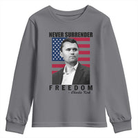 Never Surrender Freedom Youth Sweatshirt Patriotic Charlie Kirk Tribute American Flag - Wonder Print Shop