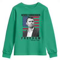 Never Surrender Freedom Youth Sweatshirt Patriotic Charlie Kirk Tribute American Flag - Wonder Print Shop