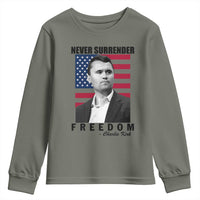 Never Surrender Freedom Youth Sweatshirt Patriotic Charlie Kirk Tribute American Flag - Wonder Print Shop