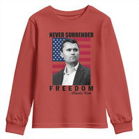 Never Surrender Freedom Youth Sweatshirt Patriotic Charlie Kirk Tribute American Flag - Wonder Print Shop