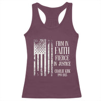 Charlie Kirk Patriotic Memorial Racerback Tank Top Firm in Faith Fierce in Justice American Flag - Wonder Print Shop