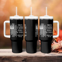 Charlie Kirk Patriotic Memorial Tumbler With Handle Firm in Faith Fierce in Justice American Flag - Wonder Print Shop