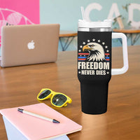 Freedom Never Dies Tumbler With Handle Bold Patriotic Eagle Graphic for True American Patriots - Wonder Print Shop
