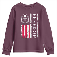 Freedom Charlie Kirk Tribute Youth Sweatshirt Patriotic Legacy Eagle Distressed American Flag - Wonder Print Shop