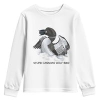 Funny Stupid Canadian Wolf Bird Youth Sweatshirt Common Loon with Hockey Puck Bird Meme - Wonder Print Shop