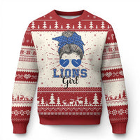 Lions Girl Knitted Sweatshirt Messy Bun Funny Sports Fan Team