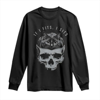If I Fits I Sits Funny Cat in Skull Long Sleeve Shirt Dark Aesthetic Goth Cat Lover Gift for Macabre and Meme Fans