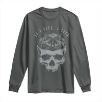If I Fits I Sits Funny Cat in Skull Long Sleeve Shirt Dark Aesthetic Goth Cat Lover Gift for Macabre and Meme Fans