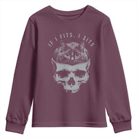 If I Fits I Sits Funny Cat in Skull Youth Sweatshirt Dark Aesthetic Goth Cat Lover Gift for Macabre and Meme Fans
