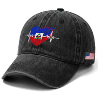 Haitian Flag Heartbeat EKG Pulse Graphic Washed Cotton Baseball Cap My Heart Beats For Haiti Identity Heritage Pride