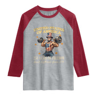 USA 250 Years of Freedom Muscular Uncle Sam Weightlifter Raglan Shirt Built Different Since 1776 Funny Patriotic Buff Graphic