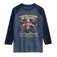 USA 250 Years of Freedom Muscular George Washington Weightlifter Raglan Shirt Built Different Since 1776 Funny Patriotic 1st President Bodybuilder