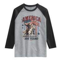 250 Years Since 1776 Cowboy on Horseback Raglan Shirt Vintage Patriotic Western Style American Flag Semiquincentennial
