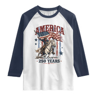 250 Years Since 1776 Cowboy on Horseback Raglan Shirt Vintage Patriotic Western Style American Flag Semiquincentennial