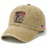 250 Years Since 1776 Cowboy on Horseback Washed Cotton Baseball Cap Vintage Patriotic Western Style American Flag Semiquincentennial