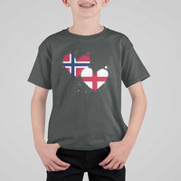 Distressed Norway and England Crossed Flags Dual Heart Graphic T Shirt For Kid Love Half Norwegian Half English Pride