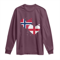 Distressed Norway and England Crossed Flags Dual Heart Graphic Long Sleeve Shirt Love Half Norwegian Half English Pride