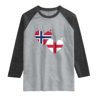 Distressed Norway and England Crossed Flags Dual Heart Graphic Raglan Shirt Love Half Norwegian Half English Pride