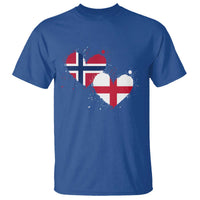Distressed Norway and England Crossed Flags Dual Heart Graphic T Shirt Love Half Norwegian Half English Pride