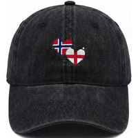 Distressed Norway and England Crossed Flags Dual Heart Graphic Washed Cotton Baseball Cap Love Half Norwegian Half English Pride