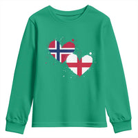 Distressed Norway and England Crossed Flags Dual Heart Graphic Youth Sweatshirt Love Half Norwegian Half English Pride