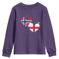 Distressed Norway and England Crossed Flags Dual Heart Graphic Youth Sweatshirt Love Half Norwegian Half English Pride