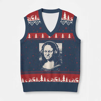 Funny Mona Lisa Wearing Headphones Bass Face Meme V-Neck Knit Sweater Vest Funny Classical Fine Art Parody Music Producer Graphic