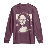 Funny Mona Lisa Wearing Headphones Bass Face Meme Long Sleeve Shirt Funny Classical Fine Art Parody Music Producer Graphic
