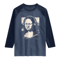 Funny Mona Lisa Wearing Headphones Bass Face Meme Raglan Shirt Funny Classical Fine Art Parody Music Producer Graphic