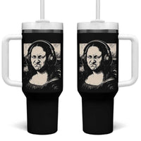 Funny Mona Lisa Wearing Headphones Bass Face Meme Tumbler With Handle Funny Classical Fine Art Parody Music Producer Graphic