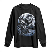 Astronaut Drinking Coffee On The Moon Graphic Long Sleeve Shirt Vintage Sci Fi Earth Horizon Space Explorer