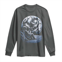 Astronaut Drinking Coffee On The Moon Graphic Long Sleeve Shirt Vintage Sci Fi Earth Horizon Space Explorer