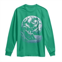Astronaut Drinking Coffee On The Moon Graphic Long Sleeve Shirt Vintage Sci Fi Earth Horizon Space Explorer