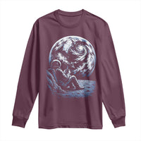 Astronaut Drinking Coffee On The Moon Graphic Long Sleeve Shirt Vintage Sci Fi Earth Horizon Space Explorer
