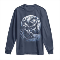 Astronaut Drinking Coffee On The Moon Graphic Long Sleeve Shirt Vintage Sci Fi Earth Horizon Space Explorer