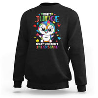 Autism awareness penguin sweatshirt, black with colorful penguin graphic and text